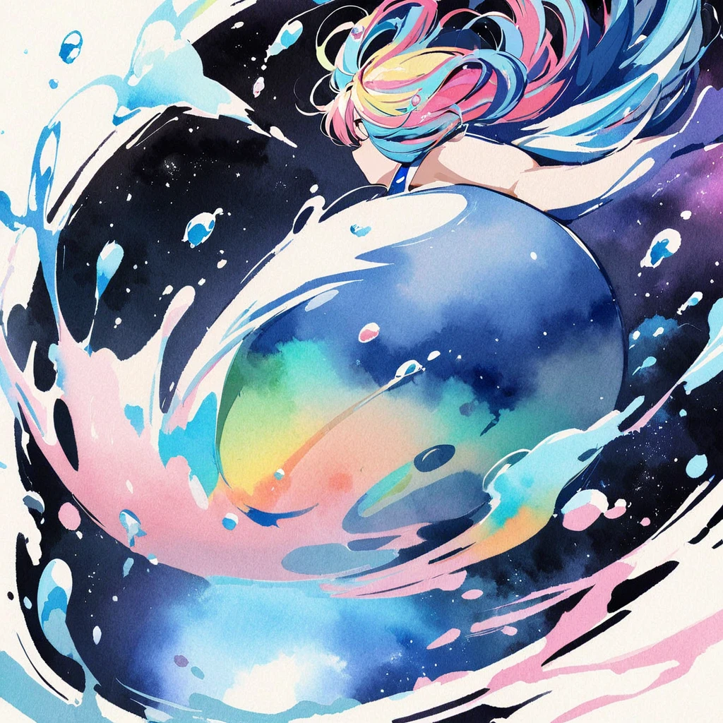 Top quality, masterpiece, watercolor style, swimming girl, rainbow colored hair, space style swimsuit, beautiful water splashes, outer space, beautiful galaxy, water drops,backstroke