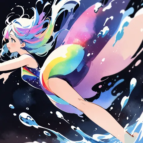 top quality, masterpiece, watercolor style, swimming girl, rainbow colored hair, space style swimsuit, beautiful water splashes,...