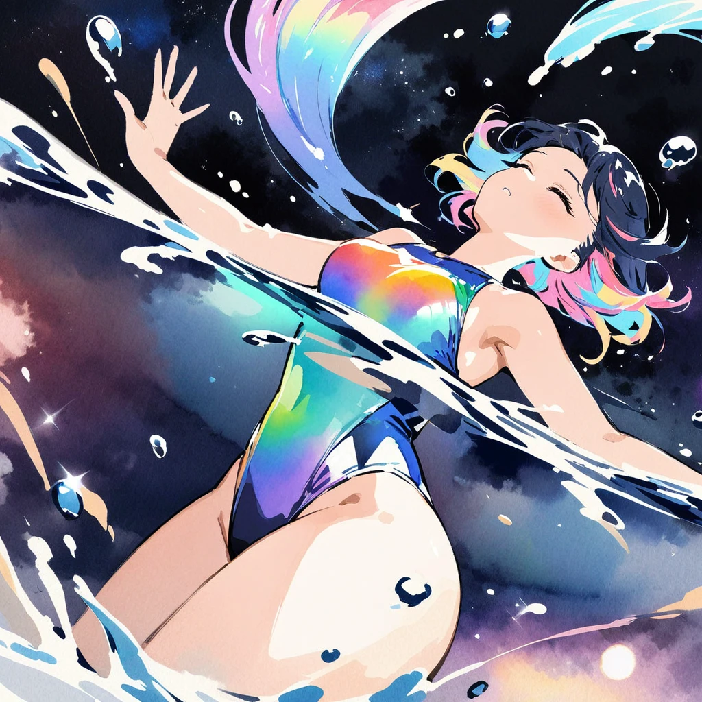 Top quality, masterpiece, watercolor style, swimming girl, rainbow colored hair, space style swimsuit, beautiful water splashes, outer space, beautiful galaxy, water drops,backstroke