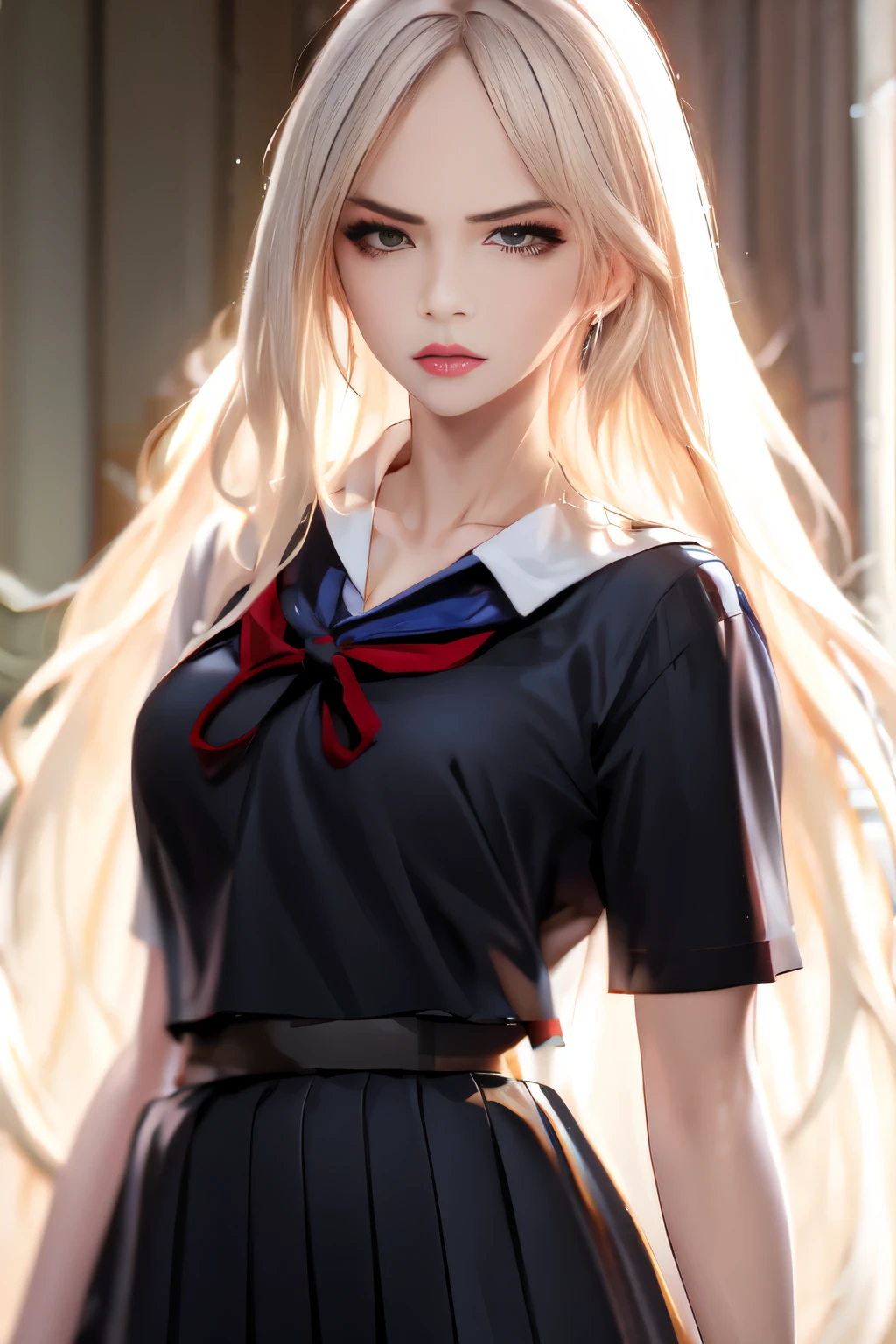 highest resolution, 8K, high definition, (((long hair))), ((Thai school uniform)), Age 16-18 years, stare, angry, confident demeanor, earring, blonde hair, black skirt, white shirt