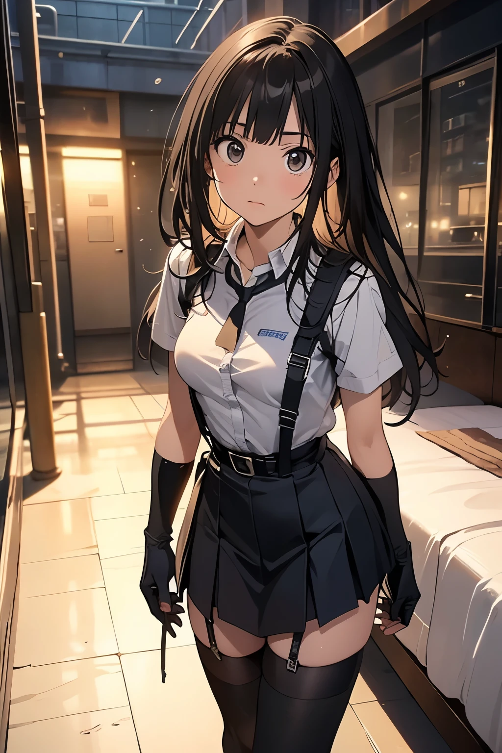 high quality, masterpiece, Ultra-high resolution, (realism: 1.4), Oil painting style, Cinema Lighting, , I stood on the empty asphalt road and looked at it., And the suspenders with the cranes flying　　Large Breasts　 　 　　　　Small face　 　　　holster　　　　　　　 Lying in bed　Looking up　　　　Sweat 　　　belt　summer　脇Sweat 　Black Hole Gloves　suit　　　　 mini skirt　garterbelt　Leg Links　ズボンにbelt　　holster　 　　Hands behind your back　 Anxious expression　Looking up　Anxious face　Knee-high　Knee socks　Knee-highソックス garterbelt　garter　ふとももにgarterbelt