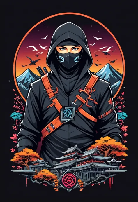 ninja futurist, t shirt design, flat-colors, vector,  ((black backdrop)) . awardwinning, proffesional, highy detailed