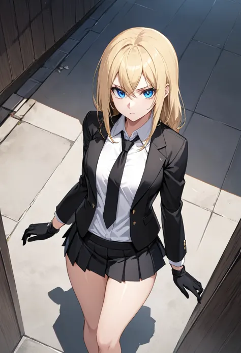 black miniskirt , black shoes , white dress shirt , view from above , assassin , black shorts blazer , black long tie , whole bo...