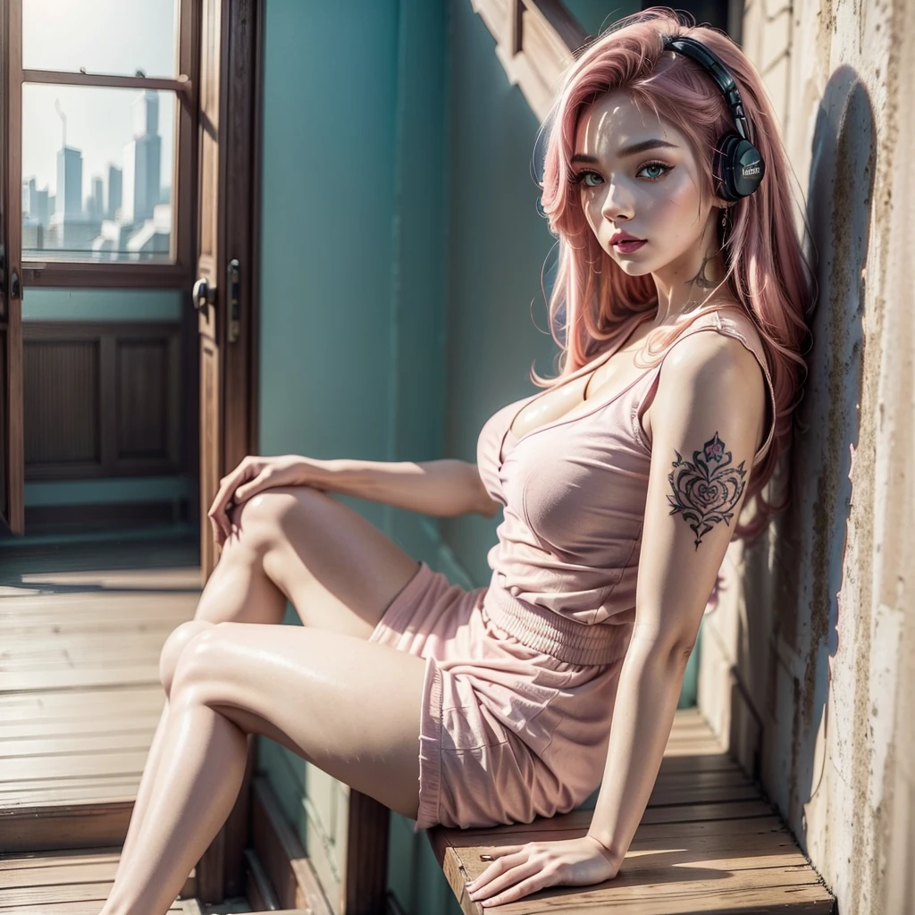 a full-body tattooed girl sitting on a staircase looking at the city, (photo taken from the side), fine and delicate woman, full-length photo portrait, realistic, pink pupils, beautiful eyes, long eyelashes, almond-shaped eyes, red makeup lips, low-cut outfit, seductive neckline, pink cotton blouse. k-pop clothing style. intricate details, vivid details, detailed skin, detailed body, vivid colors, bokeh, long pink hair, colorful hair, detailed skin, (listening to music), (cute figure). (sitting thinking)., leaning against a Wall, voluptuous legs, curvy body, seductive. 1 girl