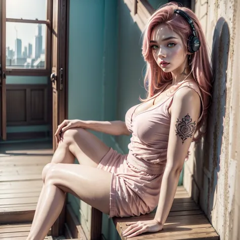 a full-body tattooed girl sitting on a staircase looking at the city, (photo taken from the side), fine and delicate woman, full...