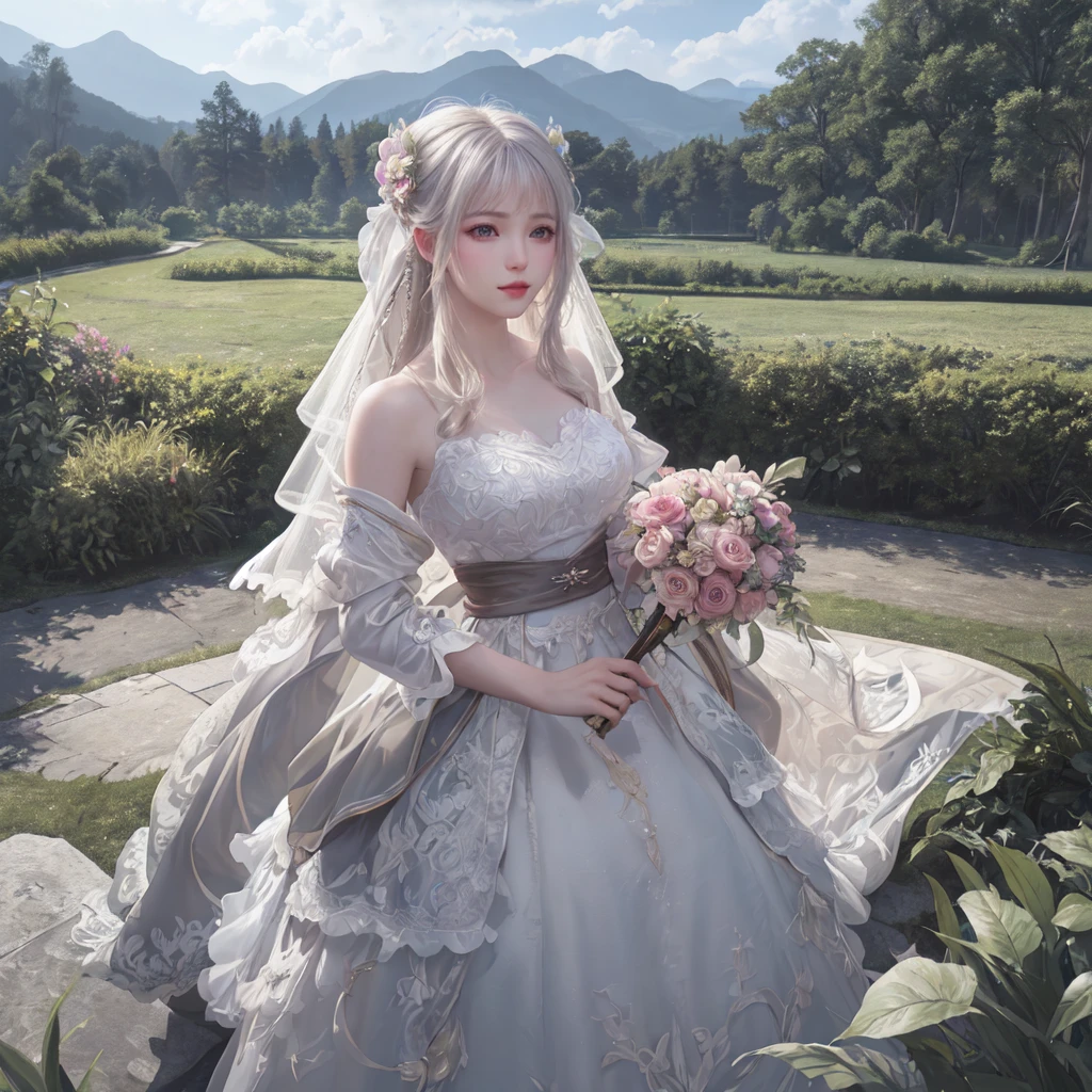 (best quality), masterpiece, Extremely detailed CG8K painting, high color, Extremely high color saturation, All colors are deepened, central composition, Extremely detailed light and shadow, The face and eyes are very detailed, medium length hair, sportswear, colorful clouds，beautiful nature，landscape，Wear a wedding dress，wedding clothes，1 girl