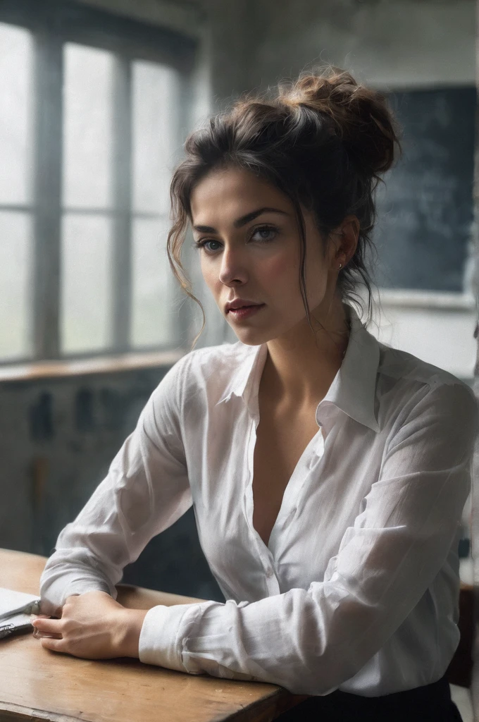 advertising poster style, (solo, full body photo:1.3), (shushing:1.3), (haze, fog, mist:1.3), chiaroscuro, AnalogRedmAF A stunning woman with messy hair, flirty, sits in a classroom, artwork on the blackboard, short black skirt, unbuttoned white blouse, messy bun, camera,highres, extremely detailed, 1woman,beautiful detailed woman,full body, realistic, light on face, cinematic lighting, perfect eyes Professional, modern, product-focused, commercial, eye-catching, highly detailed