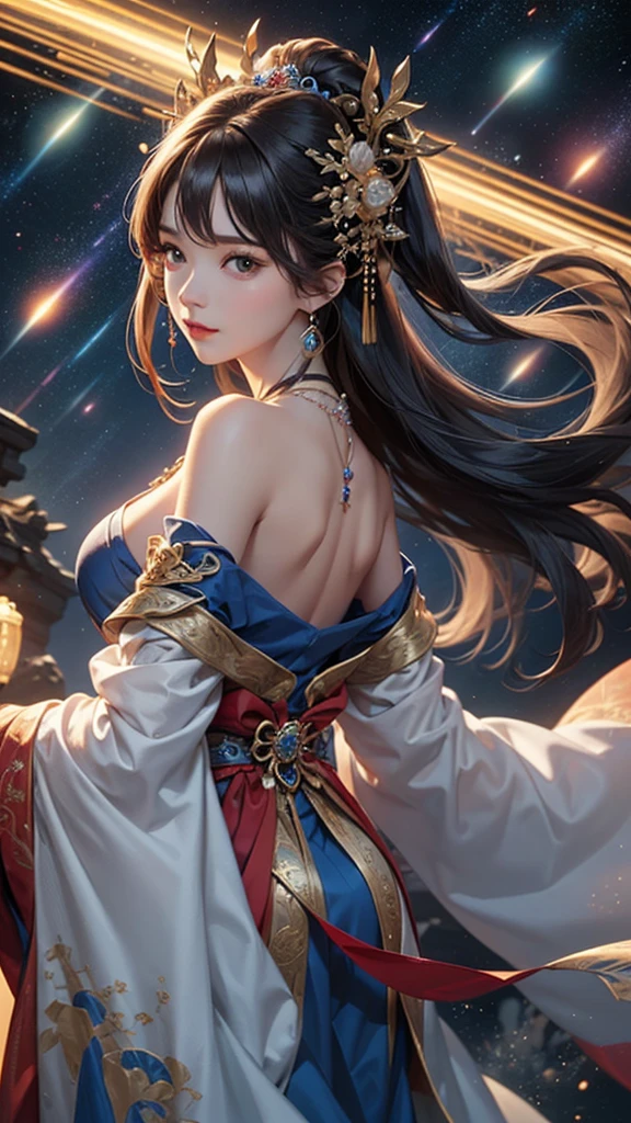 (masterpiece:1.5, Highest quality, Very detailed、 Dutch Angle、Semi-realistic、Fantasy)(One Girl, alone)(Silver Hair:1.6,,Straight Long Hair)(Wearing Han clothes, Royalty、Blue and Yellow Hanfu:1.5,Thick fabric,Long sleeve)、((Off the shoulder、medium breasts, Beautiful cleavage、ruby ​​necklace))(from backside),(Beautiful starry sky、Mystical Night、Particles of light float around the woman、Fantastic space)
