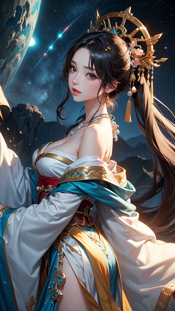 (masterpiece:1.5, Highest quality, Very detailed、 Dutch Angle、Semi-realistic、Fantasy)(One Girl, alone)(Silver Hair:1.6,,Straight Long Hair)(Wearing Han clothes, Royalty、Blue and Yellow Hanfu:1.5,Thick fabric,Long sleeve)、((Off the shoulder、medium breasts, Beautiful cleavage、ruby ​​necklace))(from backside),(Beautiful starry sky、Mystical Night、Particles of light float around the woman、Fantastic space)
