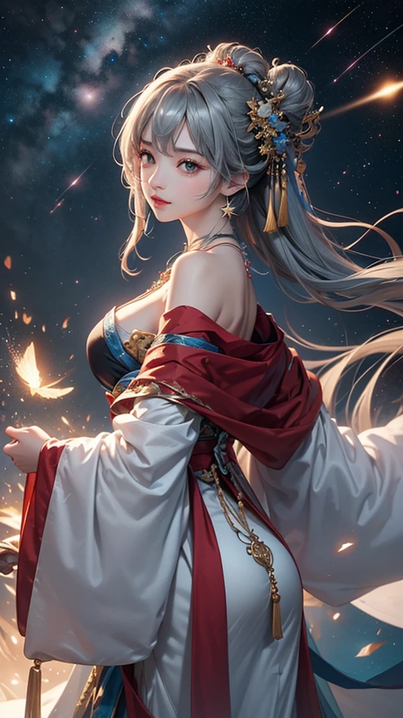 (masterpiece:1.5, Highest quality, Very detailed、 Dutch Angle、Semi-realistic、Fantasy)(One Girl, alone)(Silver Hair:1.6,,Straight Long Hair)(Wearing Han clothes, Royalty、Blue and Yellow Hanfu:1.5,Thick fabric,Long sleeve)、((Off the shoulder、medium breasts, Beautiful cleavage、ruby ​​necklace))(from backside),(Beautiful starry sky、Mystical Night、Particles of light float around the woman、Fantastic space)
