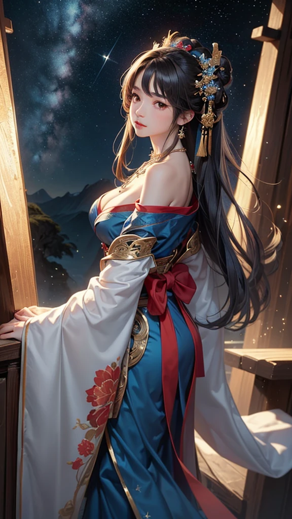 (masterpiece:1.5, Highest quality, Very detailed、 Dutch Angle、Semi-realistic、Fantasy)(One Girl, alone)(Silver Hair:1.6,,Straight Long Hair)(Wearing Han clothes, Royalty、Blue and Yellow Hanfu:1.5,Thick fabric,Long sleeve)、((Off the shoulder、medium breasts, Beautiful cleavage、ruby ​​necklace))(from backside),(Beautiful starry sky、Mystical Night、Particles of light float around the woman、Fantastic space)
