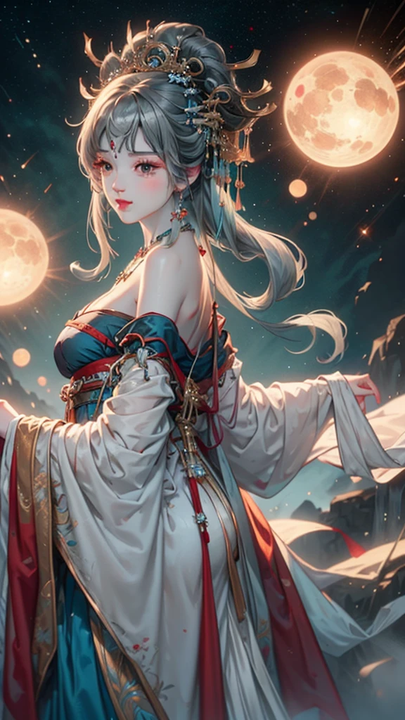 (masterpiece:1.5, Highest quality, Very detailed、 Dutch Angle、Semi-realistic、Fantasy)(One Girl, alone)(Silver Hair:1.6,,Straight Long Hair)(Wearing Han clothes, Royalty、Blue and Yellow Hanfu:1.5,Thick fabric,Long sleeve)、((Off the shoulder、medium breasts, Beautiful cleavage、ruby ​​necklace))(from backside),(Beautiful starry sky、Mystical Night、Particles of light float around the woman、Fantastic space)
