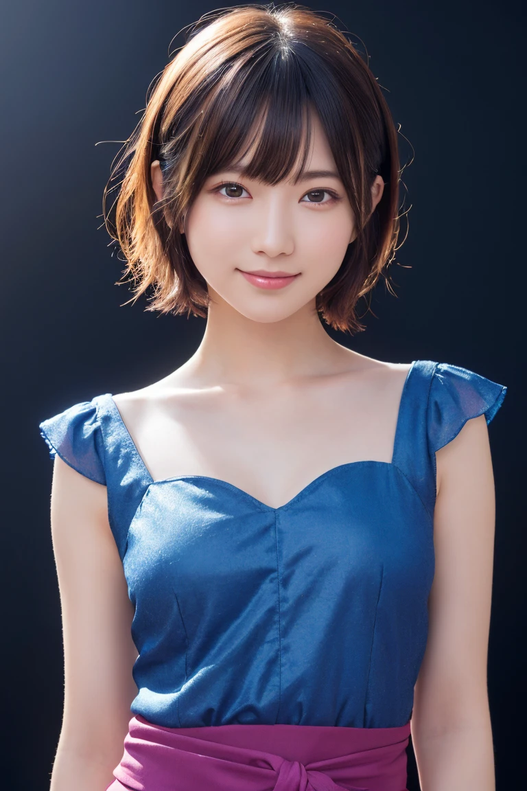 1 girl, (Wearing colorful stage costumes:1.2), Very beautiful Japanese idol portraits, Face close-up, (RAW Photos, highest quality), (Realistic, Realistic:1.4), (masterpiece), Very delicate and beautiful, Very detailed, 2k wallpaper, wonderful, finely, Very detailed CG Unity 8K wallpaper, Very detailed, High resolution, Soft Light, Beautiful detailed girl, Very detailed目と顔, Beautiful and sophisticated nose, Finely beautiful eyes, Cinema Lighting, (Simple light color background:1.3), (short hair), (Bob), Complete Anatomy, Slender body, Small breasts, smile