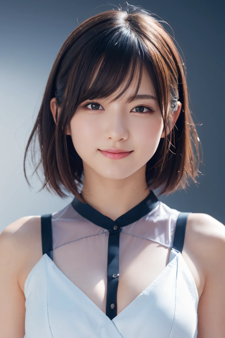 1 girl, (Wearing colorful stage costumes:1.2), Very beautiful Japanese idol portraits, Face close-up, (RAW Photos, highest quality), (Realistic, Realistic:1.4), (masterpiece), Very delicate and beautiful, Very detailed, 2k wallpaper, wonderful, finely, Very detailed CG Unity 8K wallpaper, Very detailed, High resolution, Soft Light, Beautiful detailed girl, Very detailed目と顔, Beautiful and sophisticated nose, Finely beautiful eyes, Cinema Lighting, (Simple light color background:1.3), (short hair), (Bob), Complete Anatomy, Slender body, Small breasts, smile