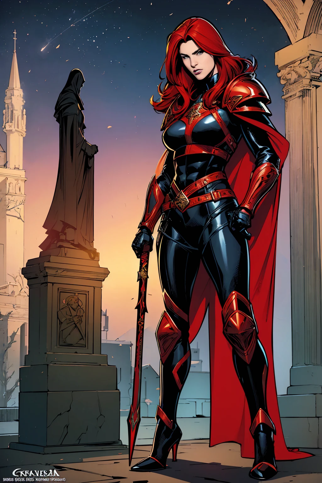 ((Full body photo, standing, feet on the ground))  1 red hair girl Magdalena wearing holy armor and black suit, on graveyard at night, holding holy spear, solo, digital art, comic book style, top cow comics, 2D art, best quality, masterpiece
