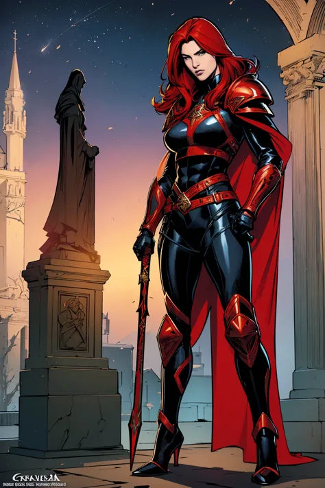 ((Full body photo, standing, feet on the ground))  1 red hair girl Magdalena wearing holy armor and black suit, on graveyard at ...