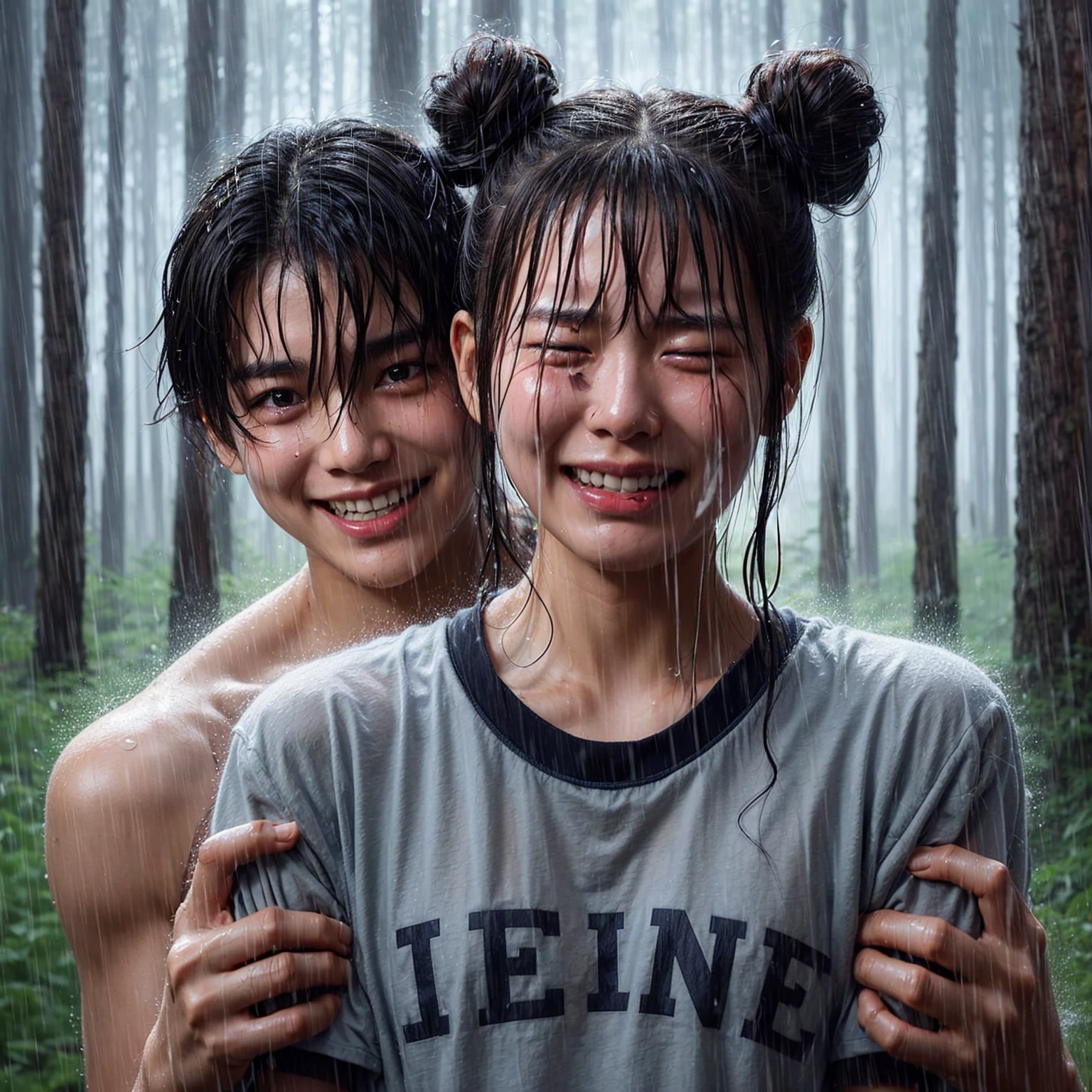 "A beautiful 17-year-old Korean woman, crying, caught in the rain with wet clothes, wearing a t-shirt, ponytail with two space buns, being grabbed from behind by a 20-year-old Indonesian man with a creepy smile and messy short hair. The background shows a forest scene with tall trees, realistic."