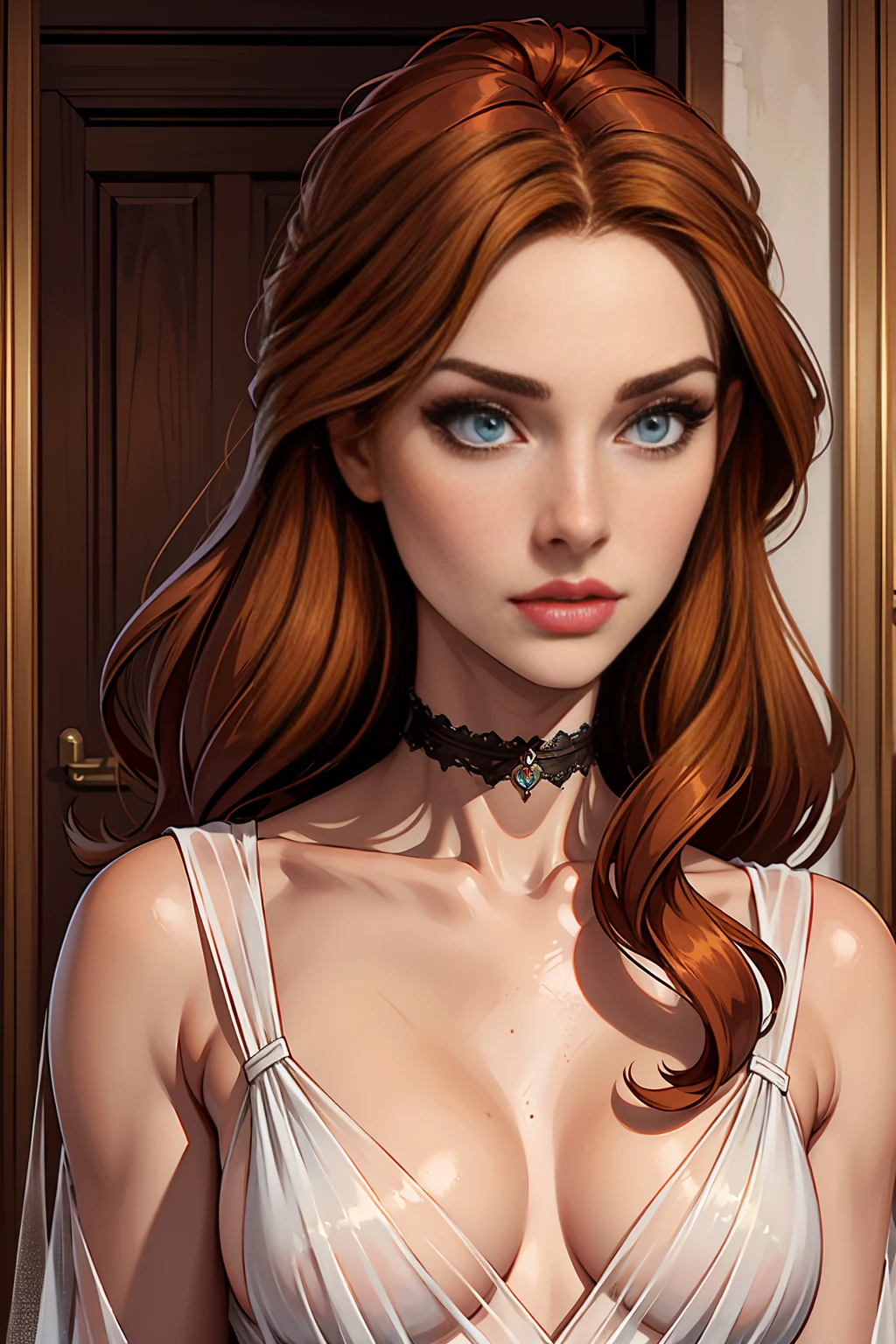 best qualityer, work of art, (realisitic: 1.2), 1 girl, slender girl, ginger hair, eyes browns, 3/4 view, face detailed, gorgeous eyes, eyes gray, eyes large, breasts small, choker, see through gown