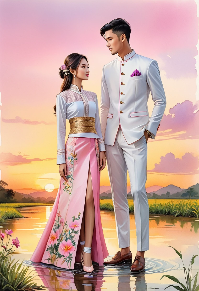 candid fashion illustration of two young man and women, 20-27 year old, adorned in a meticulously crafted North Thai traditional outfits, Lampang, ((showcase fashion Lanna style in cotton handwoven in pink)), simple elegant style, The man wears a simple long-sleeved white mandarin collar suit, paired with Tailor pants, and oxford shoes, The woman complements him with ankle-length wrap skirt, simple minimal patterns details, fitted intricately decorated waist-length blouse that complements the skirt, standing, Set against the backdrop of a breathtaking sunset at countryside, Lampang, wild flower, Captured in full-body image, ((imperfect water color background)), sketching, realistic drawing, imperfect water color painting, fashion look book, fashion illustrator, sketch design, the image boasts high-quality, Lanna, North Thai traditional costume.