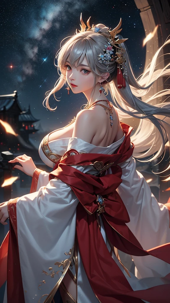 (masterpiece:1.5, Highest quality, Very detailed、 Dutch Angle、Semi-realistic、Fantasy)(One Girl, alone)(Silver Hair:1.6,,Straight Long Hair)(Wearing Han clothes, Royalty、White and red Hanfu:1.5,Thick fabric,Long sleeve)、((Off the shoulder、big breasts, Beautiful cleavage、ruby ​​necklace))(from backside),(Beautiful starry sky、Mystical Night、Particles of light float around the woman、Fantastic space)
