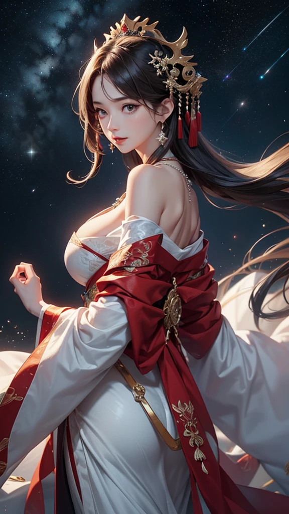 (masterpiece:1.5, Highest quality, Very detailed、 Dutch Angle、Semi-realistic、Fantasy)(One Girl, alone)(Silver Hair:1.6,,Straight Long Hair)(Wearing Han clothes, Royalty、White and red Hanfu:1.5,Thick fabric,Long sleeve)、((Off the shoulder、big breasts, Beautiful cleavage、ruby ​​necklace))(from backside),(Beautiful starry sky、Mystical Night、Particles of light float around the woman、Fantastic space)
