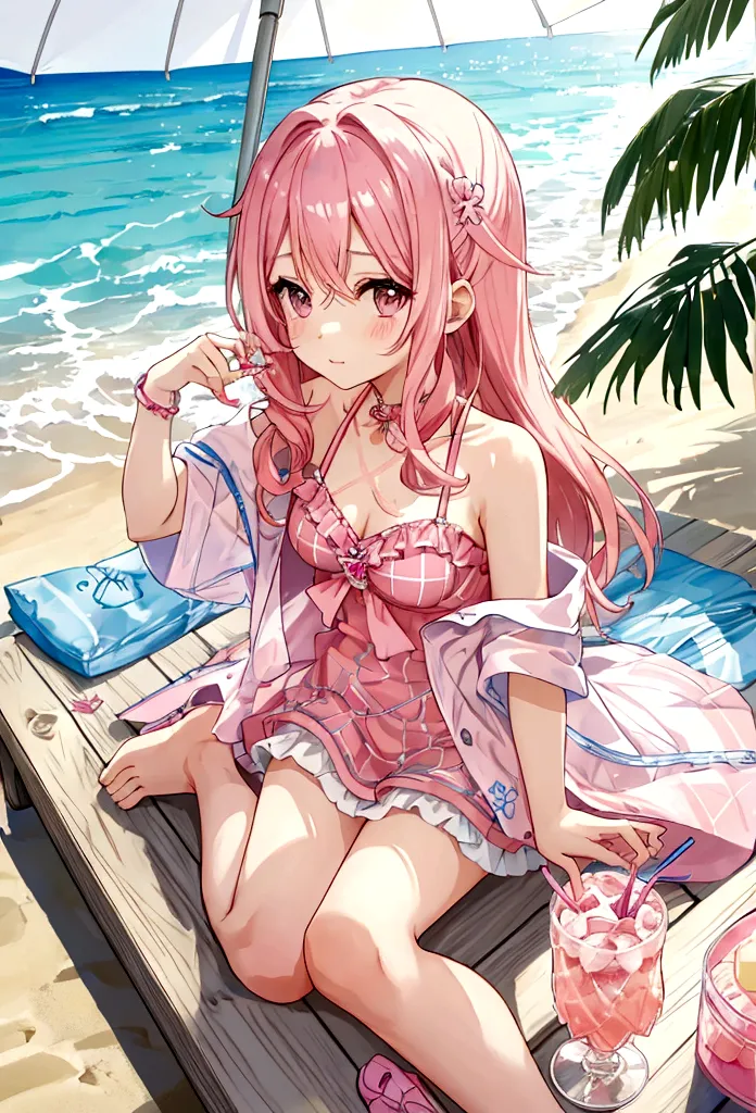 at the seaside，pink hair girl，drinking summer drinks