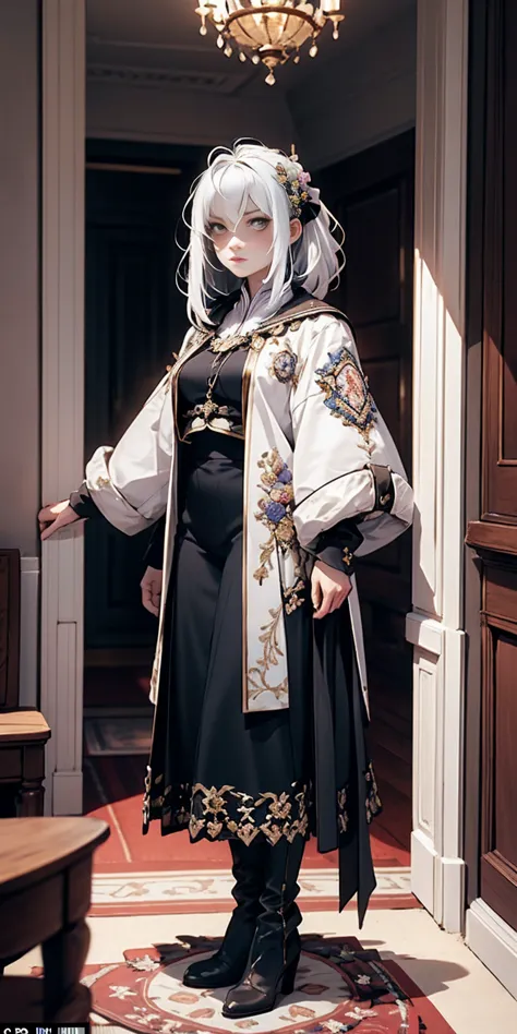 Setting: Royal bedroom - Grand, opulent, with rich fabrics and tapestries Character: Appearance: White hair - Short, styled in a...