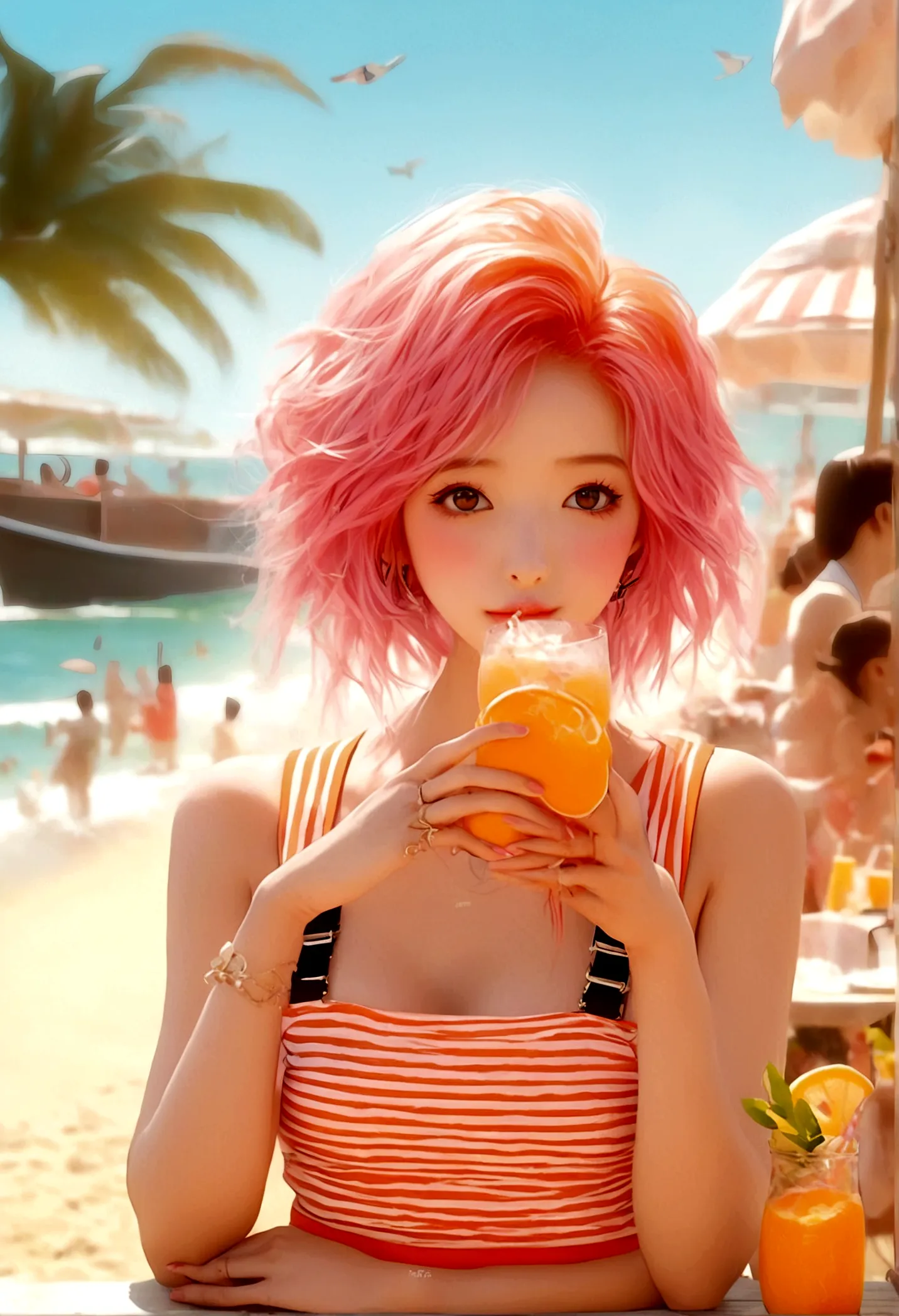 at the beachfront drink shop，pink hair girl，wearing an orange striped suspender skirt，drinking summer drinks