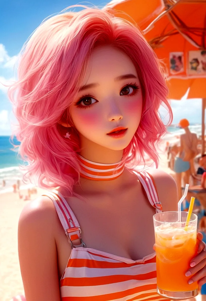 at the beachfront drink shop，pink hair girl，wearing an orange striped suspender skirt，drinking summer drinks