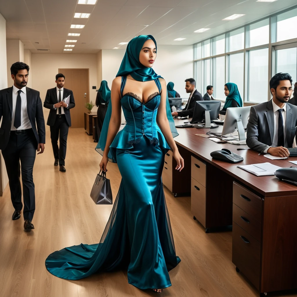 A woman secretary in the translucent night gown, wear corset with bra expose, wear blazer,wearing satin hijab, full body,mermaid tight long gown, flowy dramatic long gown,very long flor length gown, tall women, walk between the desks of employees who are working, in the middle of the crowd, walking in a hurry,carry a bag, making a telephone call
 sexy face, sexy pose, wear high heels, masterpice, hyper realistic