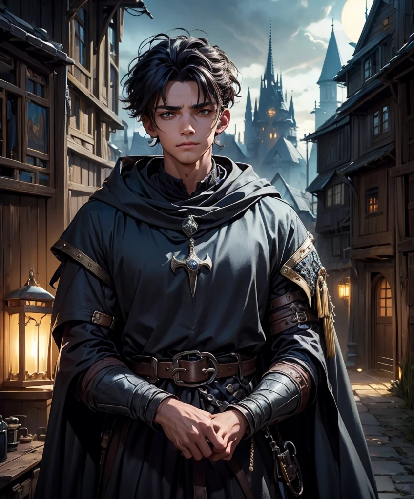 (((Single character image.))) (((1boy)))   (((Dressed in medieval fantasy attire.))) Looks shabby and sinister.  Design a fantasy character who is a shabby and suspicious knave. This is a dark image that displays a shabby fellow in medieval fantasy attire. Looks like a ruffian, thug and shady and shift character. Looks like he would sell stolen items in the dark alleys of a town.  Dark, eerie background.
  best quality:1.0,hyperealistic:1.0,photorealistic:1.0,madly detailed CG unity 8k wallpaper:1.0,masterpiece:1.3,madly detailed photo:1.2, hyper-realistic lifelike texture:1.4, picture-perfect:1.0,8k, HQ,best quality:1.0,