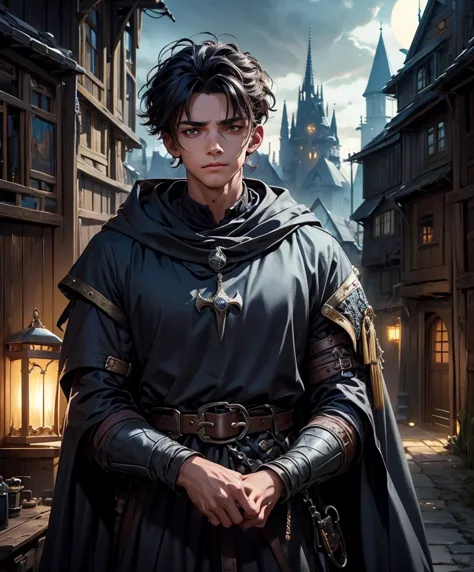 (((Single character image.))) (((1boy)))   (((Dressed in medieval fantasy attire.))) Looks shabby and sinister.  Design a fantas...