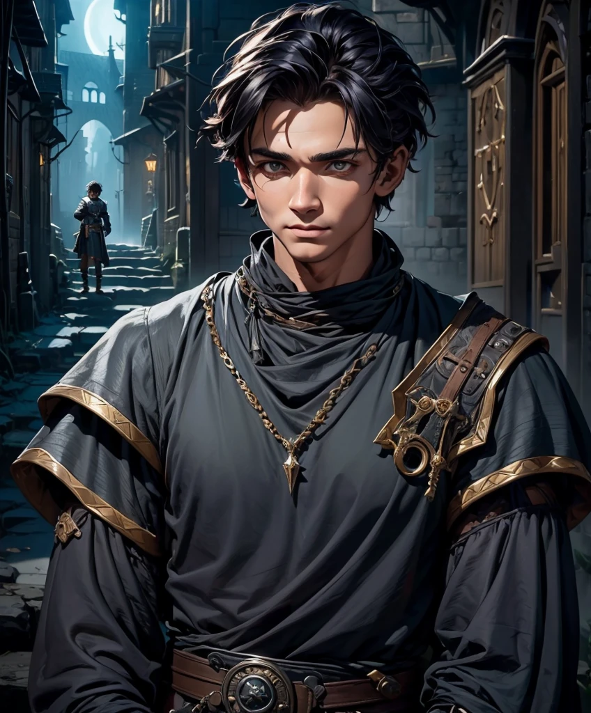 (((Imagem de caractere único.))) (((1 menino)))   (((vestido com traje de fantasia medieval.))) Parece desgrenhado e sinistro.  Desenhe um personagem de fantasia que é um patife desgrenhado e suspeito. Esta é uma imagem escura que mostra um sujeito desgrenhado em trajes de fantasia medievais. Parece um valentão, bandido e sombrio e personagem de mudança. Parece que ele venderia itens roubados nos becos escuros de uma cidade.  Escuro, fundo misterioso.
  melhor qualidade:1.0,hiperrealista:1.0,fotorrealista:1.0,madly detailed CG unity 8K wallpaper:1.0,obra de arte:1.3,Foto loucamente detalhada:1.2, textura hiper-realista e realista:1.4, imagem perfeita:1.0,8K, sede,melhor qualidade:1.0,