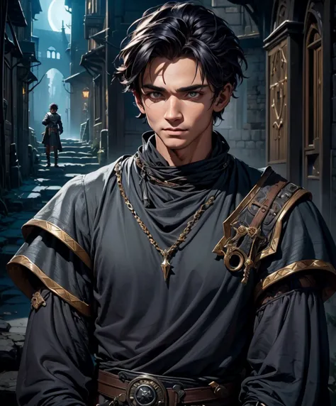 (((Single character image.))) (((1boy)))   (((Dressed in medieval fantasy attire.))) Looks shabby and sinister.  Design a fantas...
