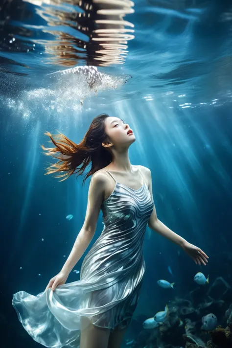 image of a beautiful asian young woman in silver dress submerged under the sea, pale skin tones, clear ripples and reflections, ...