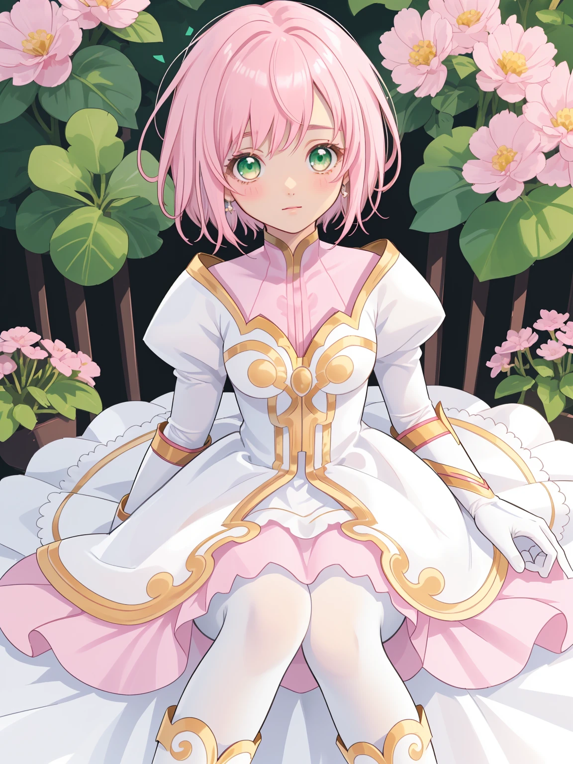 masterpiece, Highest quality, alone, One Girl,Estellise Sidos Heurassein, Pink Hair, short hair, Green Eyes, Small breasts, White and pink dress, Glamorous Dress, Pink collar, Pink Skirt, White boots, White gloves, (Black Pantyhose, Black legwear:1.1)whole body, Little:5, cute, (Beautifully detailed face), (Beautiful attention to detail), (Beautiful detailed hair)