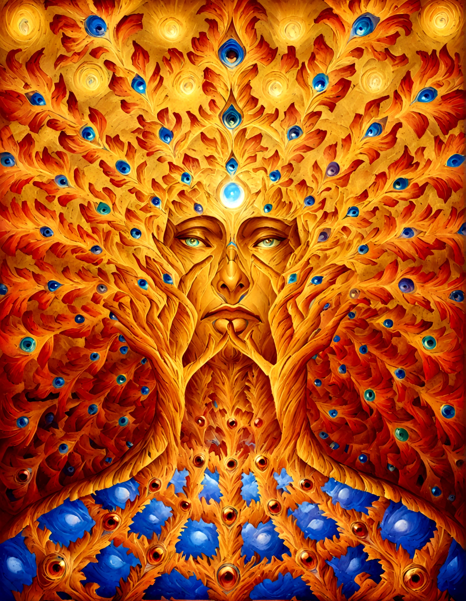 uma pintura de um homem com muitos olhos e um rosto cercado por chamas, Alex Grey Arte, Alex Gray e Beksinski, Alex Gray, Estilo de Alex Grey, por Alex Gray, Estilo Alex Grey, Alex Gray e Tim Hildebrandt, arte visionária hiperdetalhada, Hiper - Arte Visionária Detalhada, inspired por Alex Gray, Alex Gray e Gustave Doré