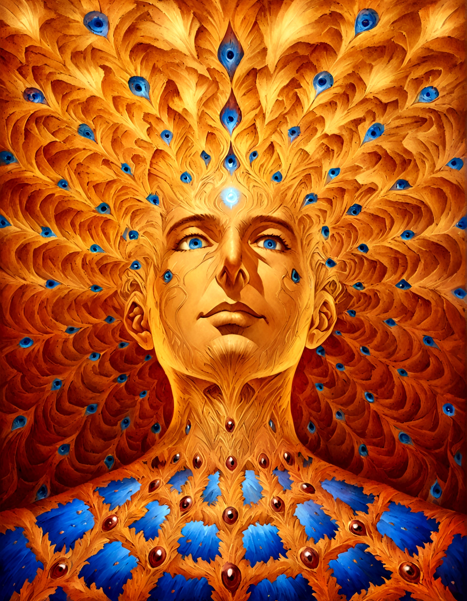 Ein Gemälde eines Mannes mit vielen Augen und einem von Flammen umgebenen Gesicht, Alex Grey Kunst, Alex Grey und Beksinski, Alex Gray, Stil von Alex Grey, von Alex Grey, Alex Grey-Stil, alex grey and tim hildebrandt, hyperdetaillierte visionäre Kunst, hyperdetaillierte visionäre Kunst, inspired von Alex Grey, Alex Grey und Gustave Doré