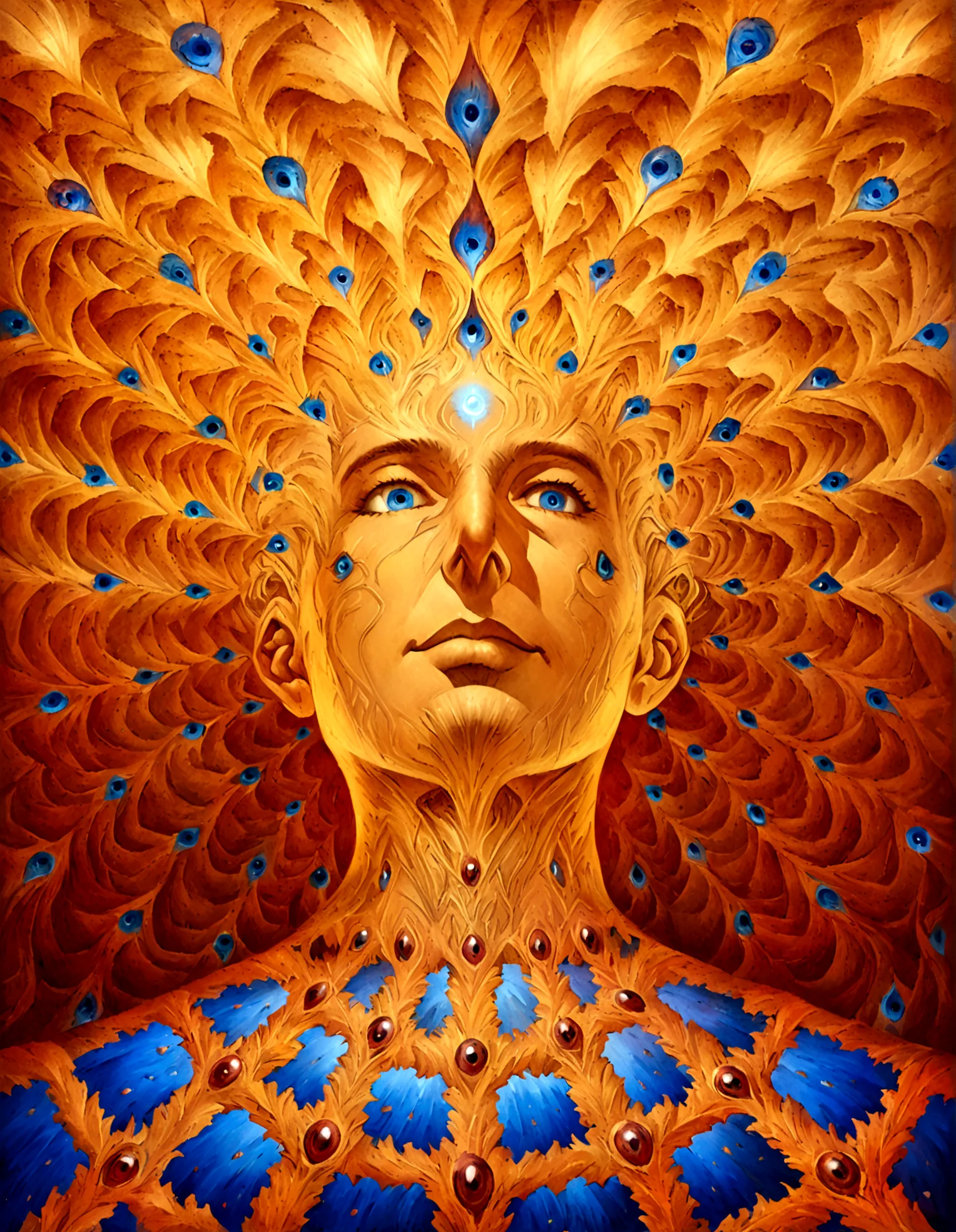 a painting of a man with many eyes and a face surrounded by flames, alex grey art, alex grey and beksinski, alex gray, style of ...