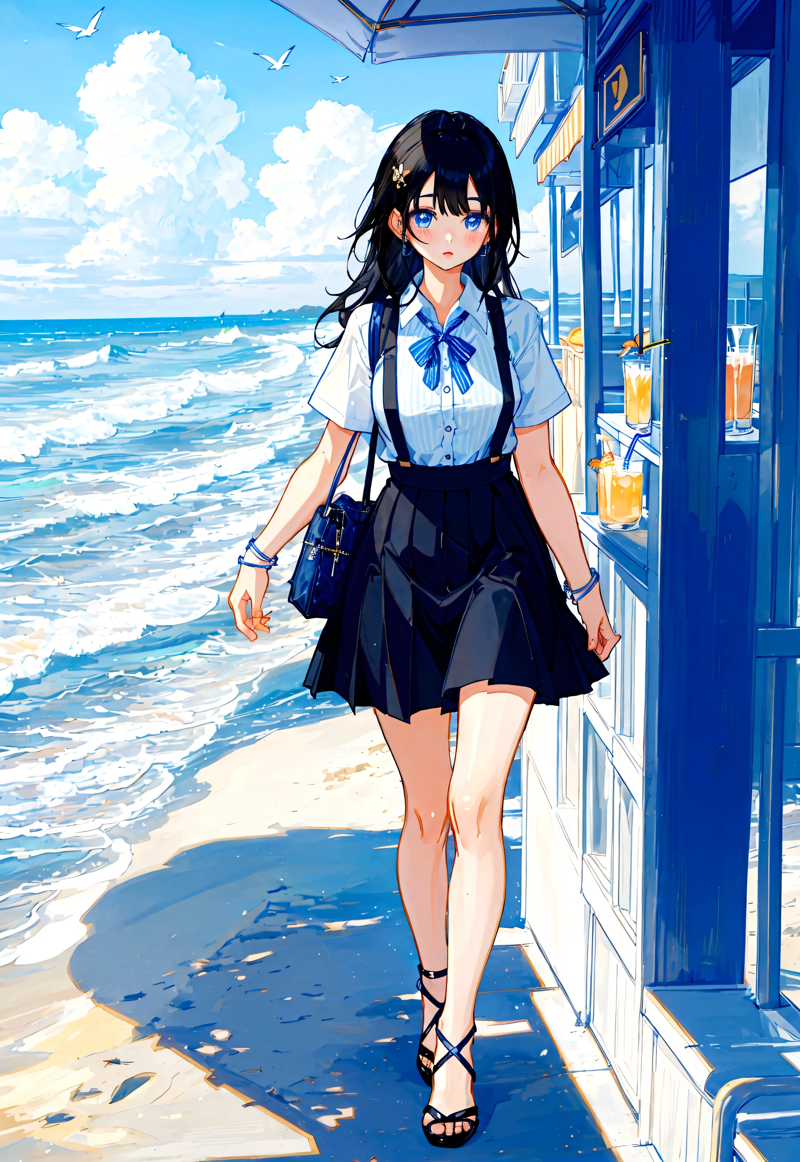 At the beachfront drink shop，Black hair girl，Wearing a blue striped suspender skirt