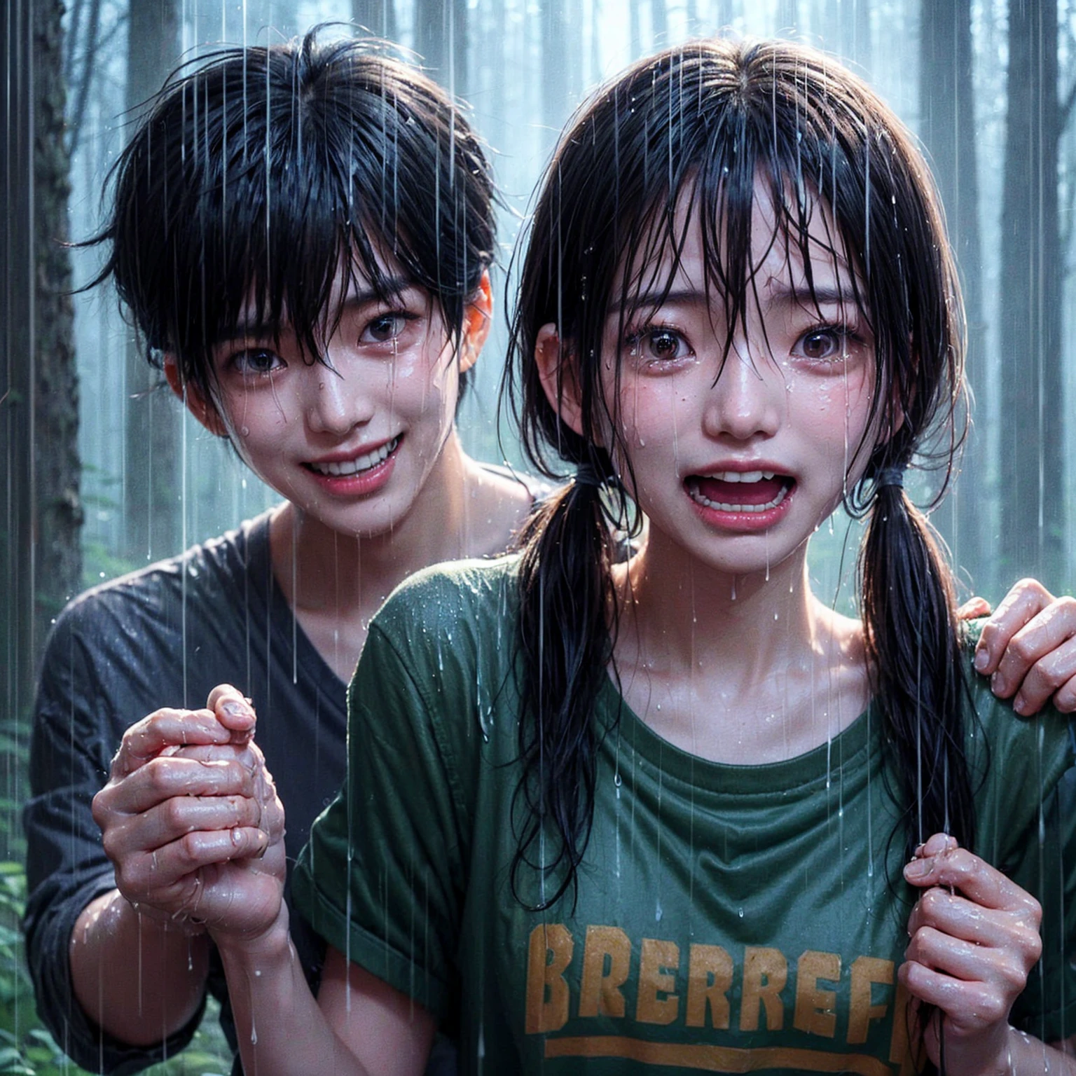 "A beautiful 17-year-old Korean woman, crying, caught in the rain with wet clothes, wearing a t-shirt, ponytail with twintail, being grabbed from behind by a 20-year-old Indonesian man with a creepy smile and messy short hair. The background shows a forest scene with tall trees, realistic."