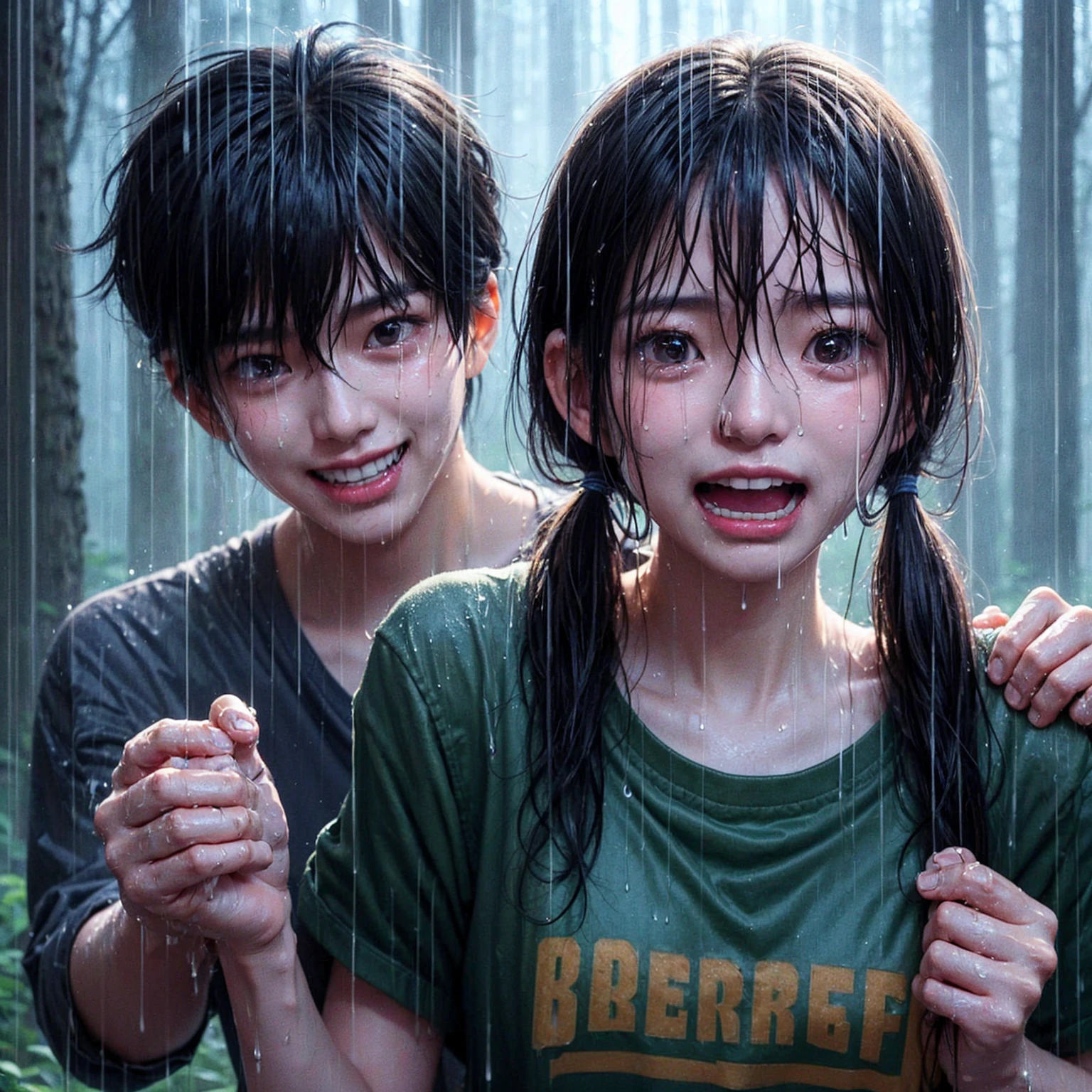 "A beautiful 17-year-old Korean woman, crying, caught in the rain with wet clothes, wearing a t-shirt, ponytail with twintail, being grabbed from behind by a 20-year-old Indonesian man with a creepy smile and messy short hair. The background shows a forest scene with tall trees, realistic."