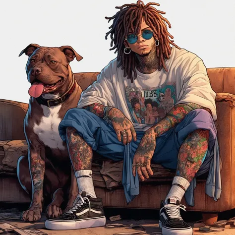 there is a man sitting on a couch with a dog, full color illustration, trippie redd, extremely high quality artwork, official ar...