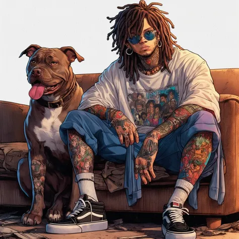 there is a man sitting on a couch with a dog, full color illustration, trippie redd, extremely high quality artwork, official ar...