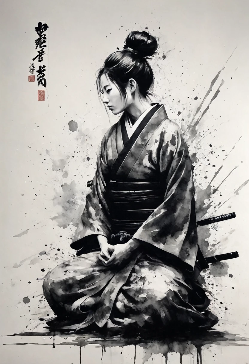 Black and white painting,Ink Painting,splash,Topknot,kimono,Sitting cross-legged,seppuku,Seppuku,