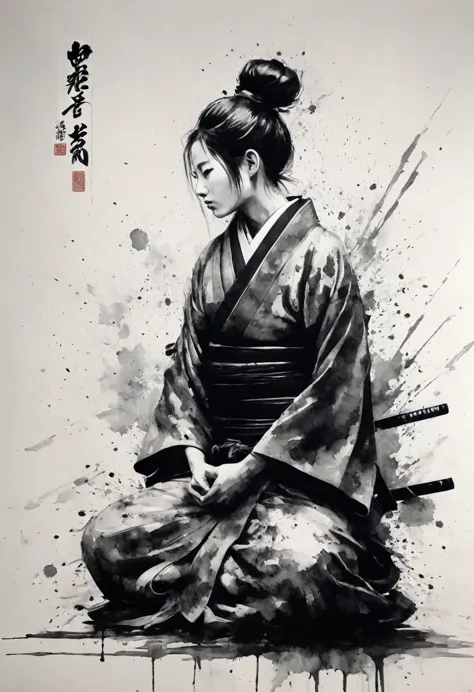 black and white painting,ink painting,splash,topknot,kimono,sitting cross-legged,seppuku,seppuku,