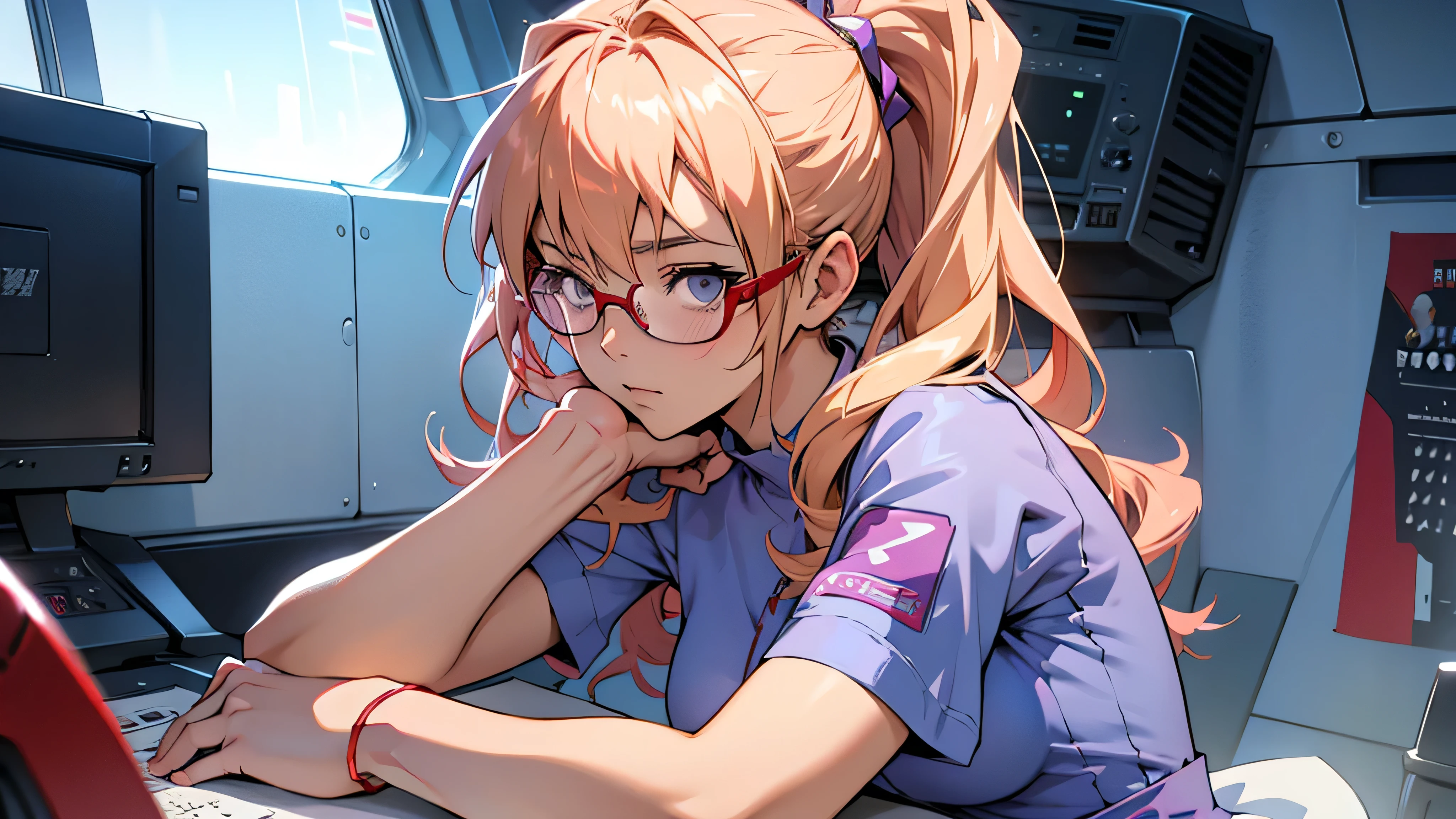 anime,An illustration,purple robot,Mobile Suit,Dom,Light blue check dress,Red glasses,Blonde,Light blue mesh hair,beautiful girl,Sora Sakurano,One person