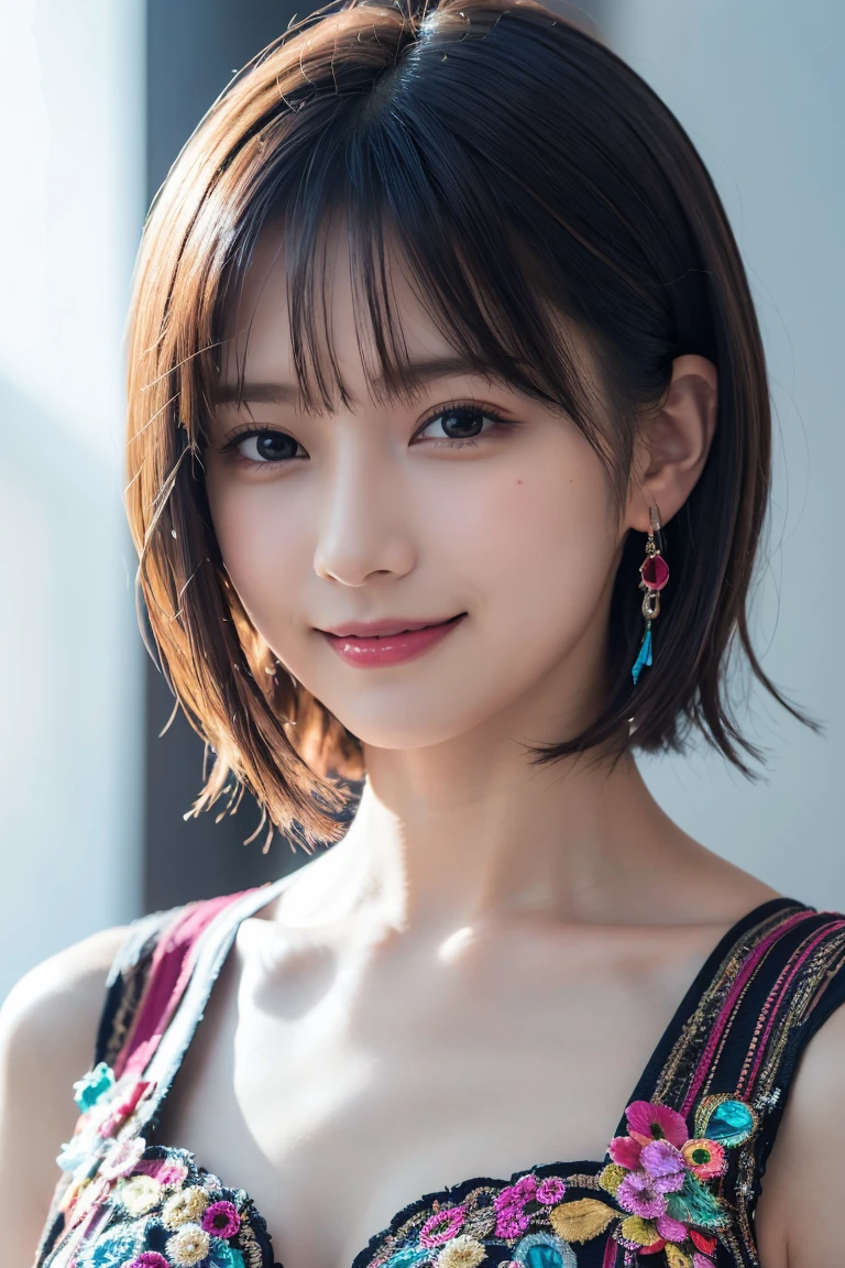 1 girl,(wearing colorful stage costume:1.2),very beautiful japanese idol portrait,close up of face,(RAW photo,best quality),(real,realistic:1.4),(masterpiece),very delicate and beautiful,very detailed,2k wallpaper,amazing,finely detailed,highly detailed CG Unity 8K wallpaper,very detailed,high resolution,soft light,beautiful detailed girl,very detailed eyes and face,beautiful refined nose,finely beautiful eyes,cinema lighting,(simple light color background:1.3),(short hair),(bob),full anatomy,slender body,small breasts,smiling,