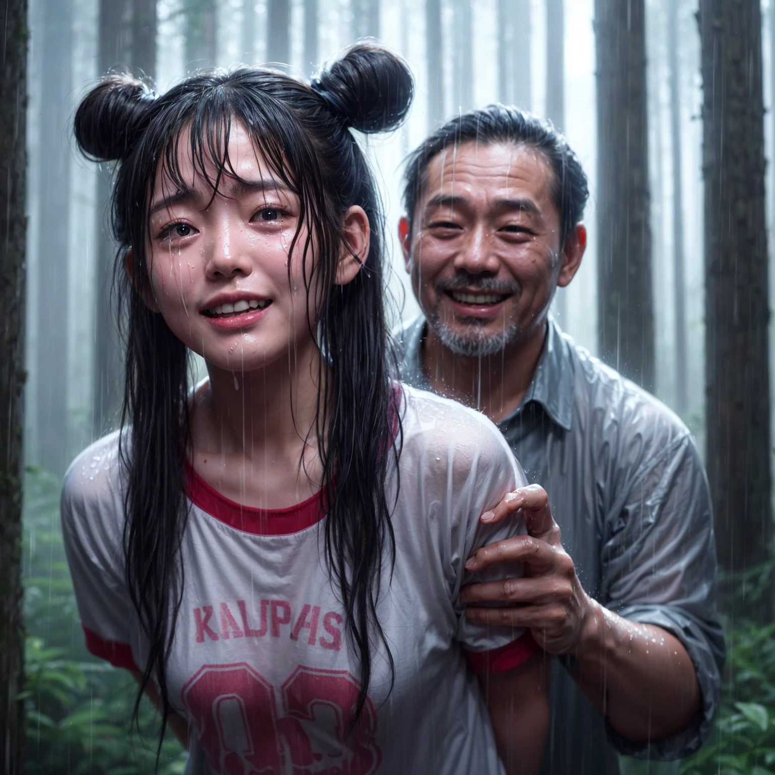 "A beautiful 17-year-old Korean woman, crying, caught in the rain with wet clothes, wearing a t-shirt, ponytail with two space buns, being grabbed from behind by a 40-year-old Indonesian man with a creepy smile. The background shows a forest scene with tall trees, realistic."