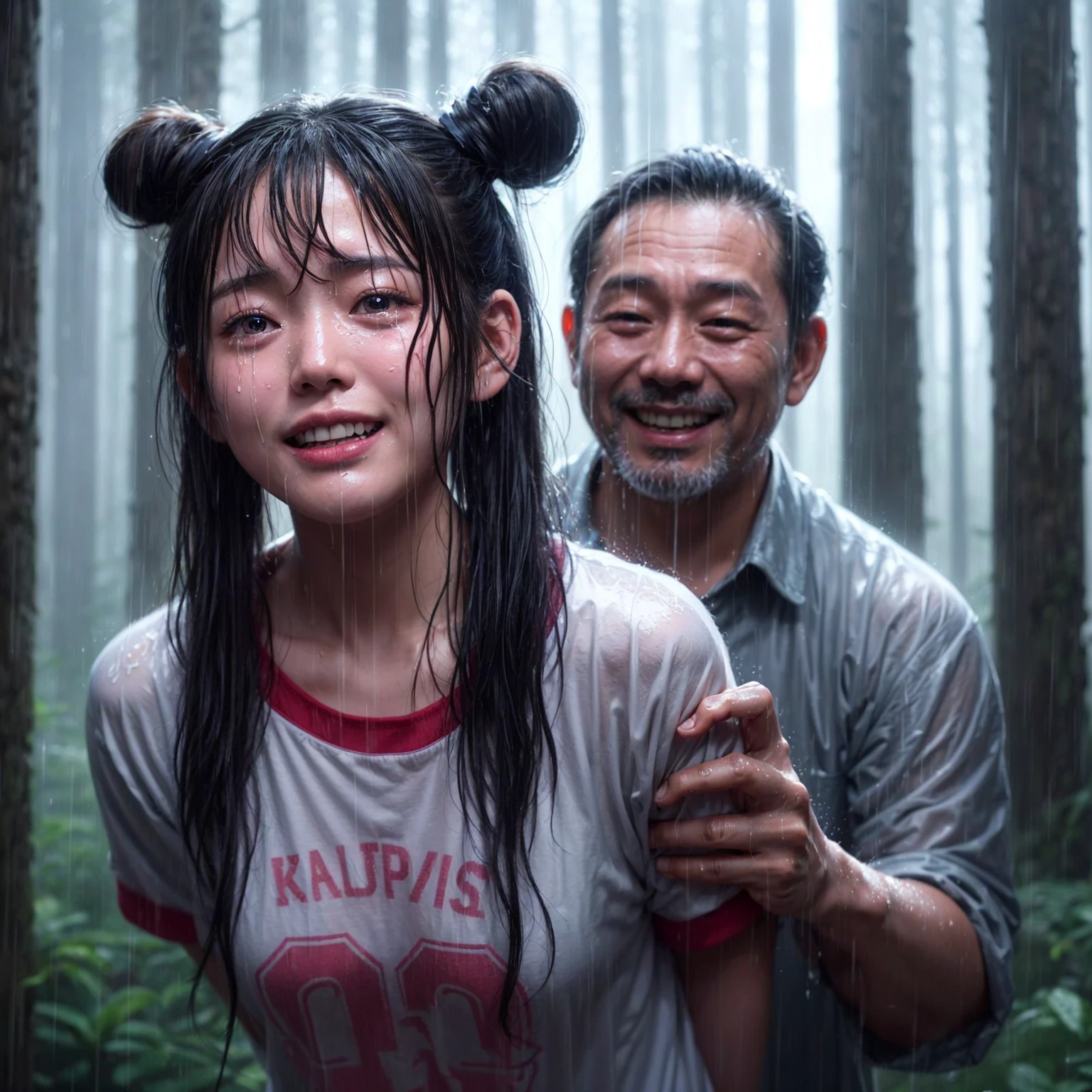 "A beautiful 17-year-old Korean woman, crying, caught in the rain with wet clothes, wearing a t-shirt, ponytail with two space buns, being grabbed from behind by a 40-year-old Indonesian man with a creepy smile. The background shows a forest scene with tall trees, realistic."